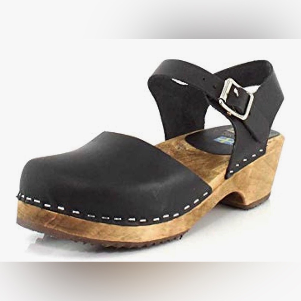 Mia Black Leather Clogs with Wooden Heel